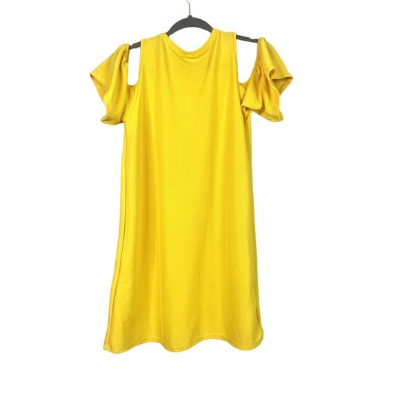 Zara Ruffled Cold Shoulder Ribbed Mini Shift Dress Straight Hem L Yellow #3076 - Picture 7 of 15